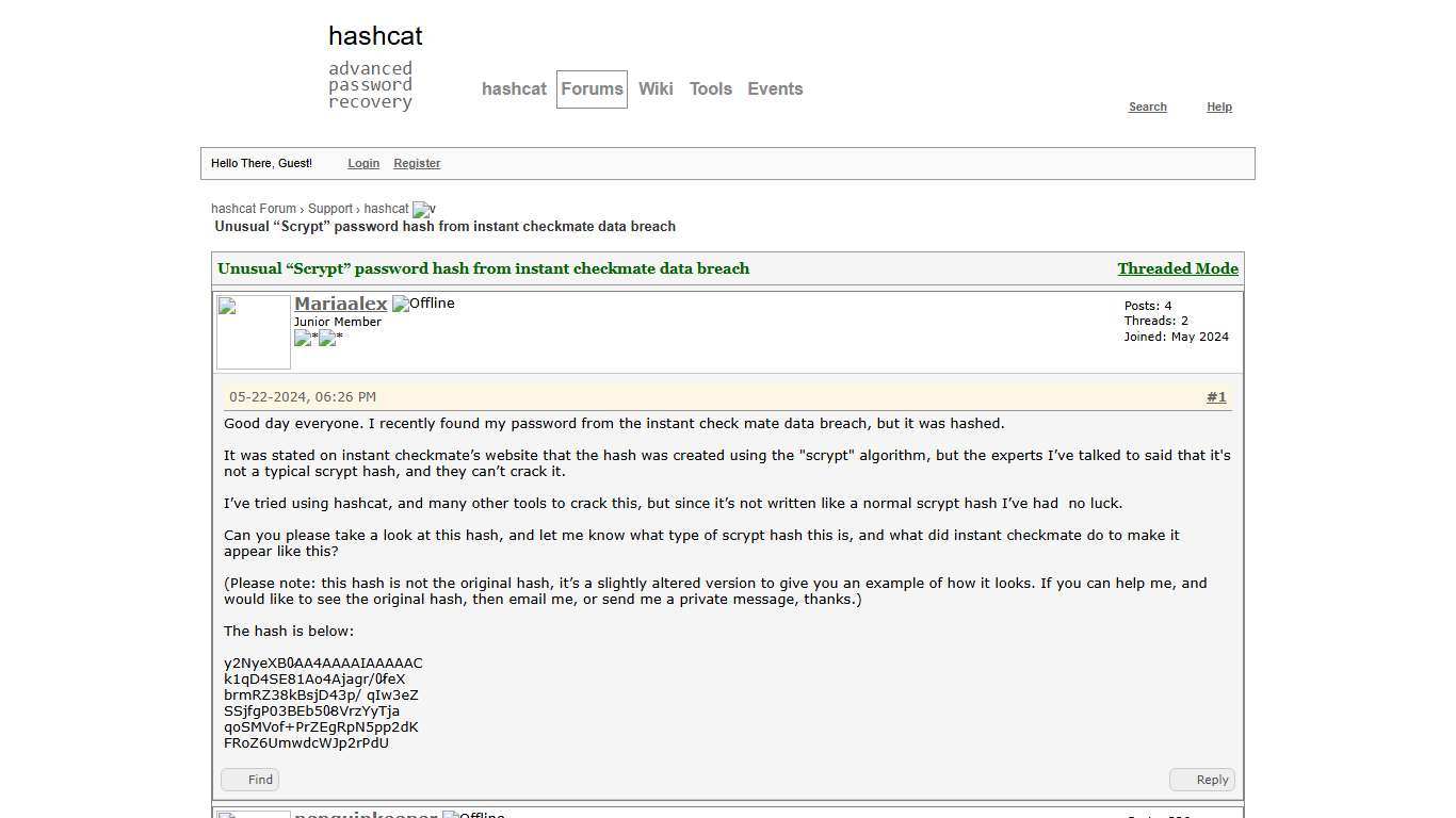 Unusual “Scrypt” password hash from instant checkmate data breach